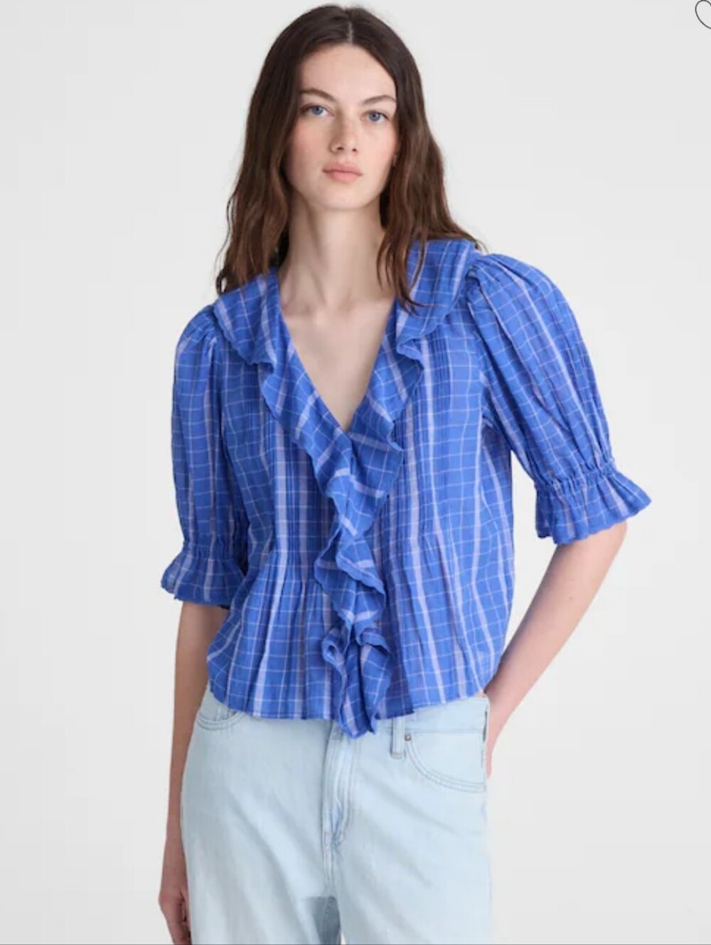 Madewell Blue Plaid Ruffle V-Neck Blouse Women Size M New
